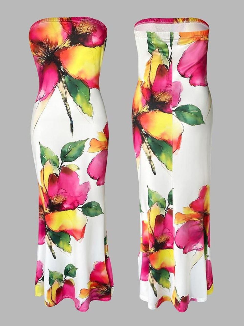 White Strapless Floral Maxi Dress with Pink & Yellow Blooms sz M zz3-6